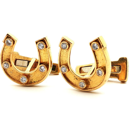 Signed David Webb 1960s 18k Yellow Gold & Diamond Horseshoe Cufflinks