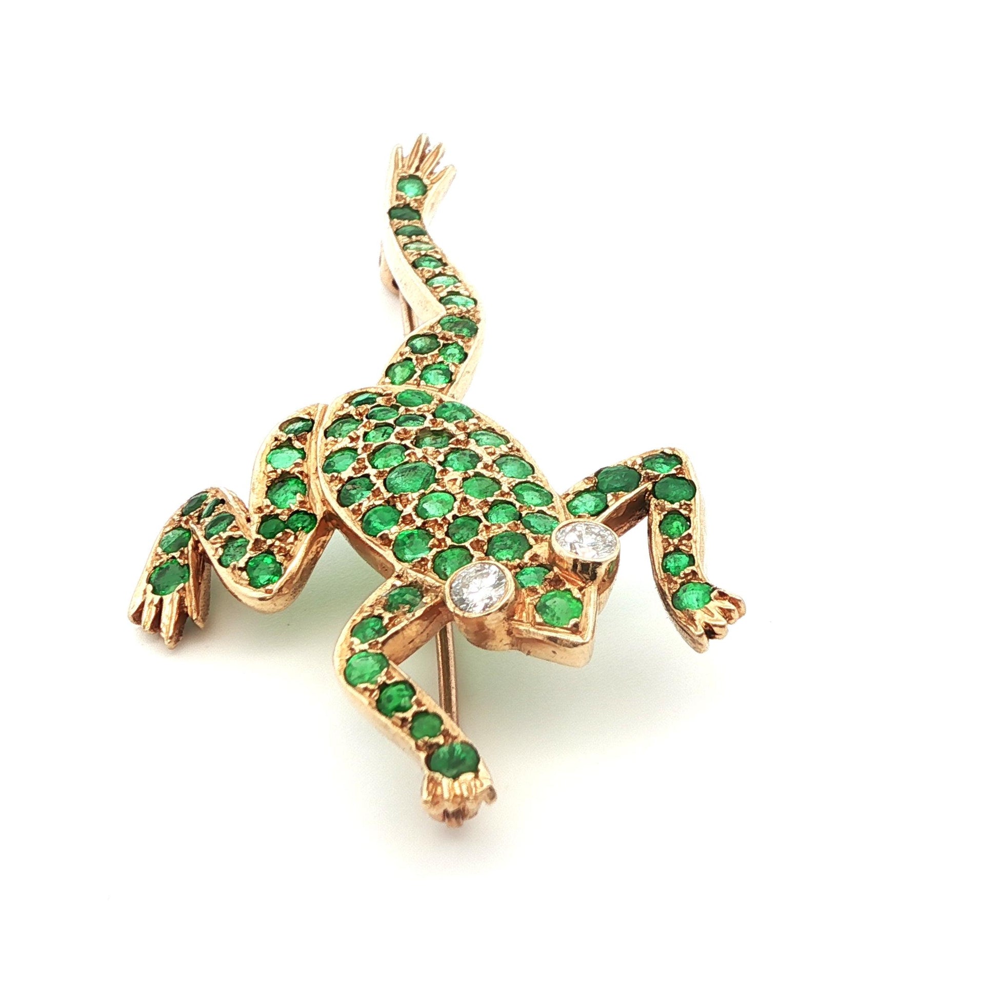 14k Yellow Gold Diamond & Emerald Frog Pin