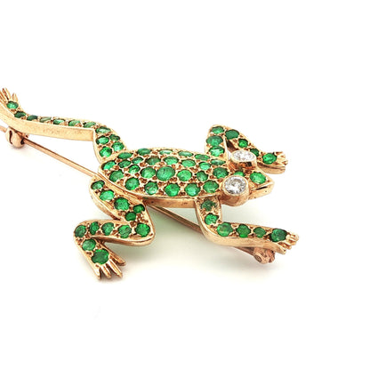 14k Yellow Gold Diamond & Emerald Frog Pin