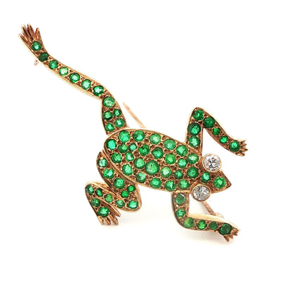 14k Yellow Gold Diamond & Emerald Frog Pin