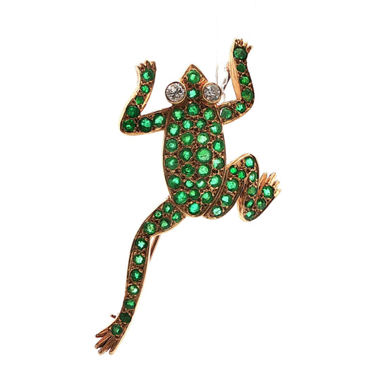 14k Yellow Gold Diamond & Emerald Frog Pin