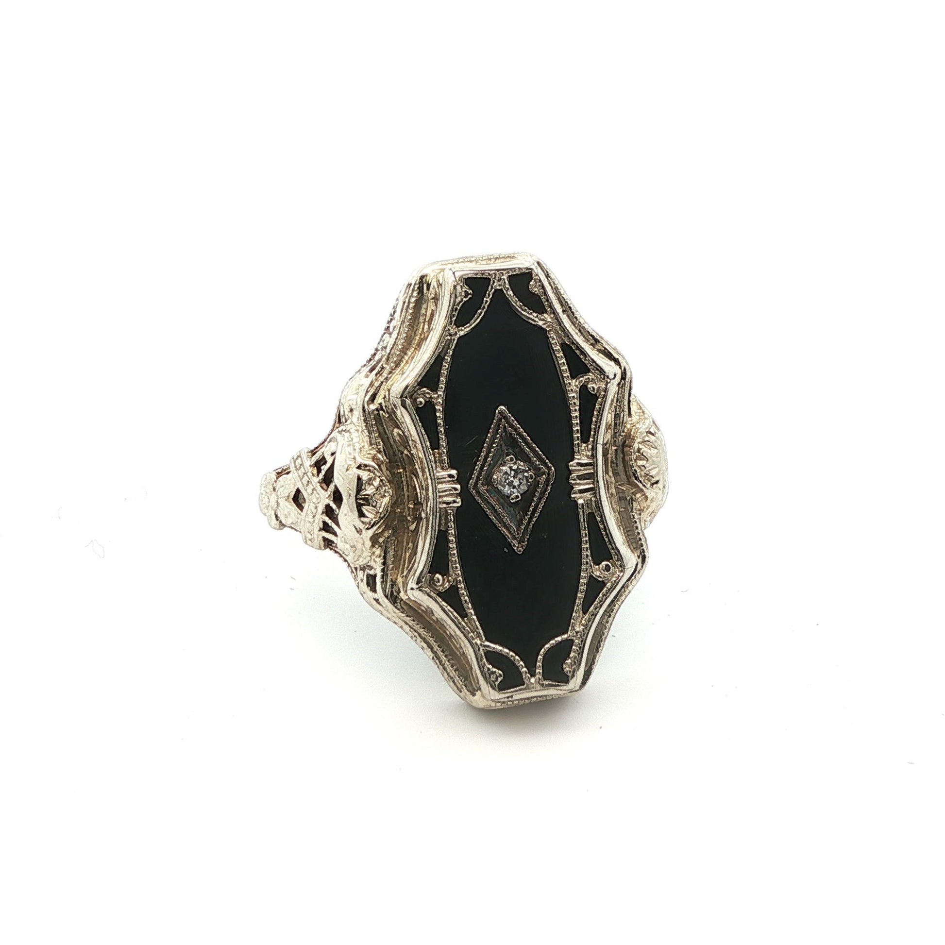 1920s Art Deco 14k White Gold Natural Diamond & Onyx Ring