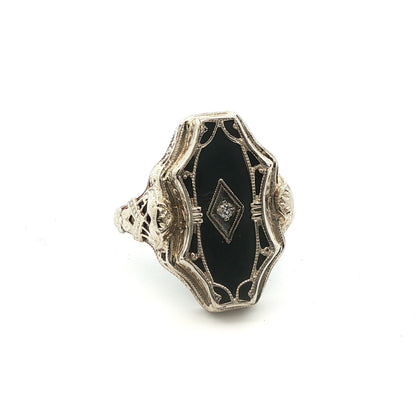 1920s Art Deco 14k White Gold Natural Diamond & Onyx Ring