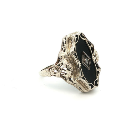 1920s Art Deco 14k White Gold Natural Diamond & Onyx Ring