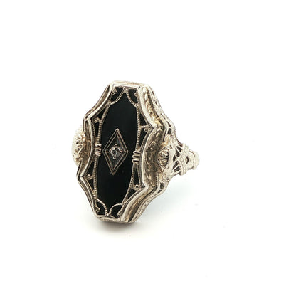 1920s Art Deco 14k White Gold Natural Diamond & Onyx Ring