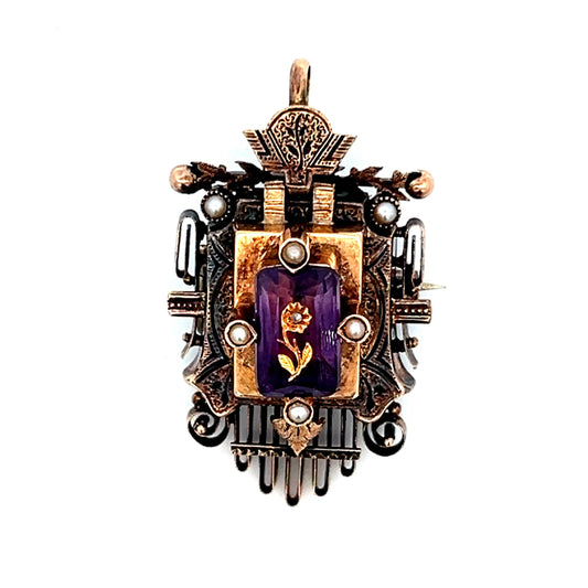 14k Yellow Gold Amethyst & Pearl 1860 Victorian Brooch
