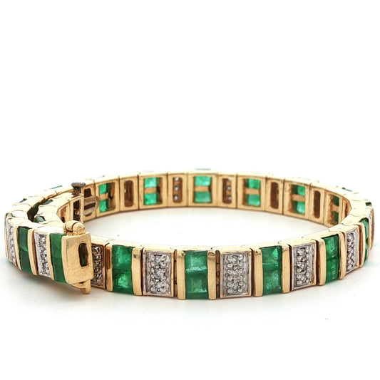 14k Yellow Gold Emerald & Diamond Bracelet Ca. 1980