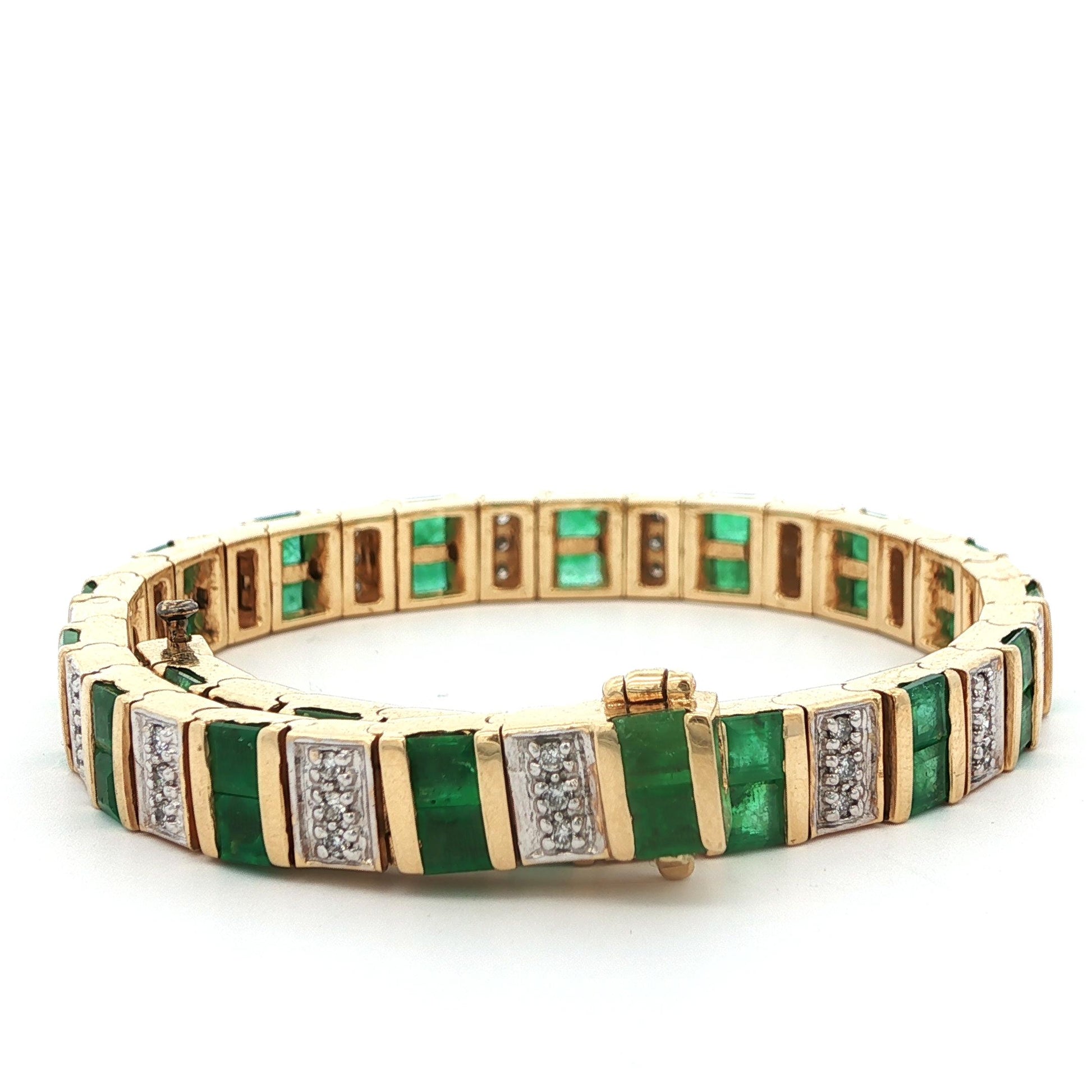 14k Yellow Gold Emerald & Diamond Bracelet Ca. 1980