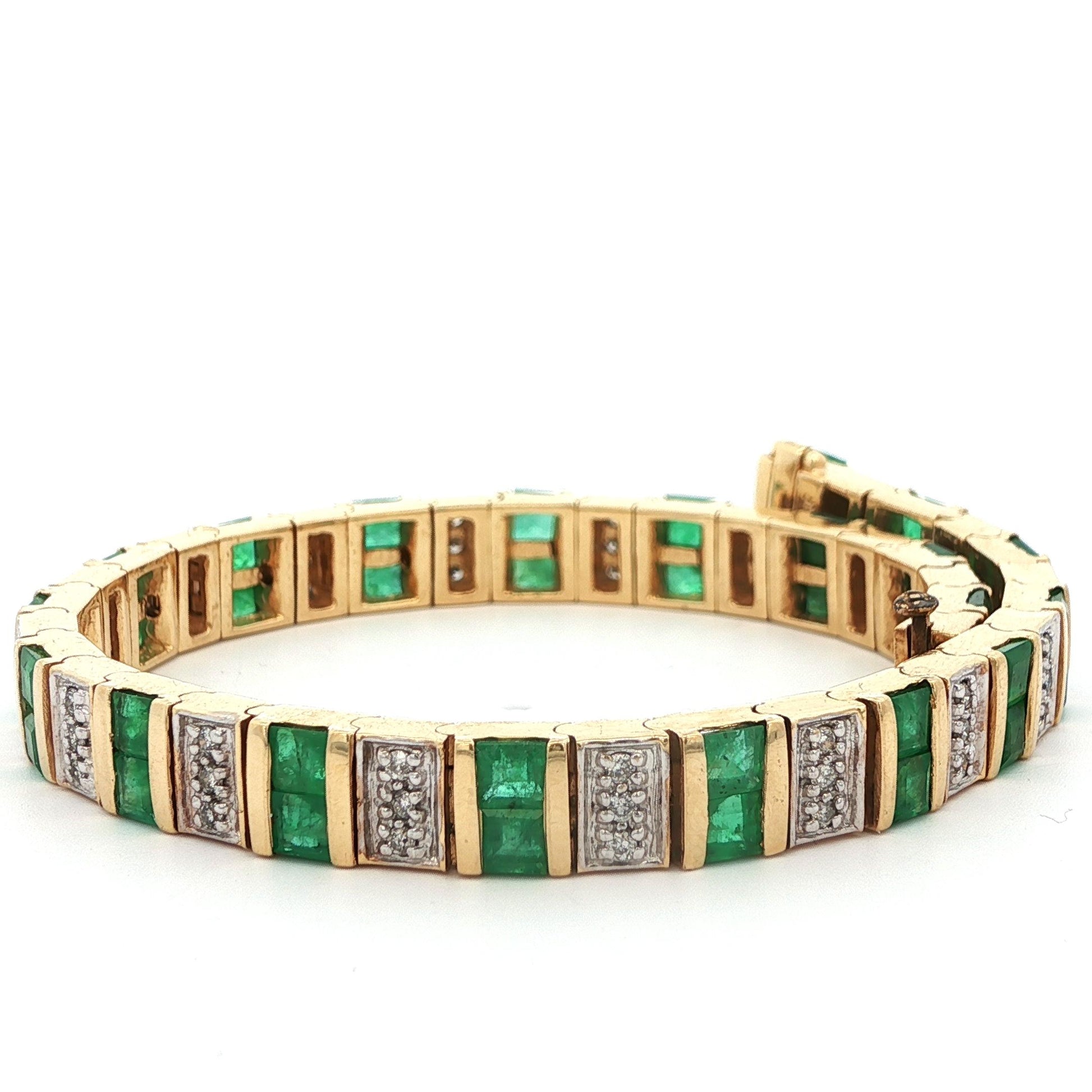 14k Yellow Gold Emerald & Diamond Bracelet Ca. 1980
