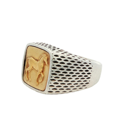David Yurman Petrvs Horse Signet Ring 22k Yellow Gold and Sterling Silver
