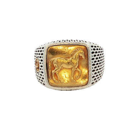David Yurman Petrvs Horse Signet Ring 22k Yellow Gold and Sterling Silver
