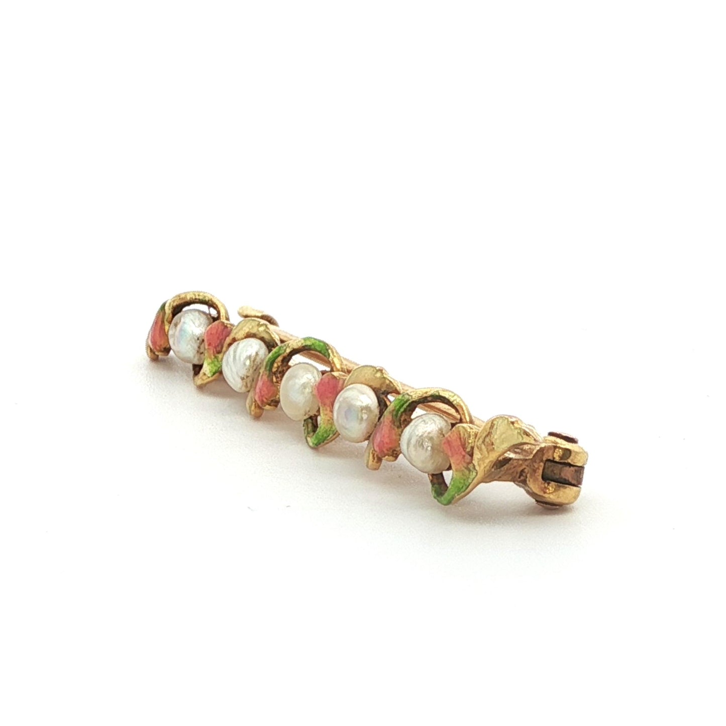 1890 Art Nouveau 14k Yellow Gold Pearl & Enamel Flower Brooch