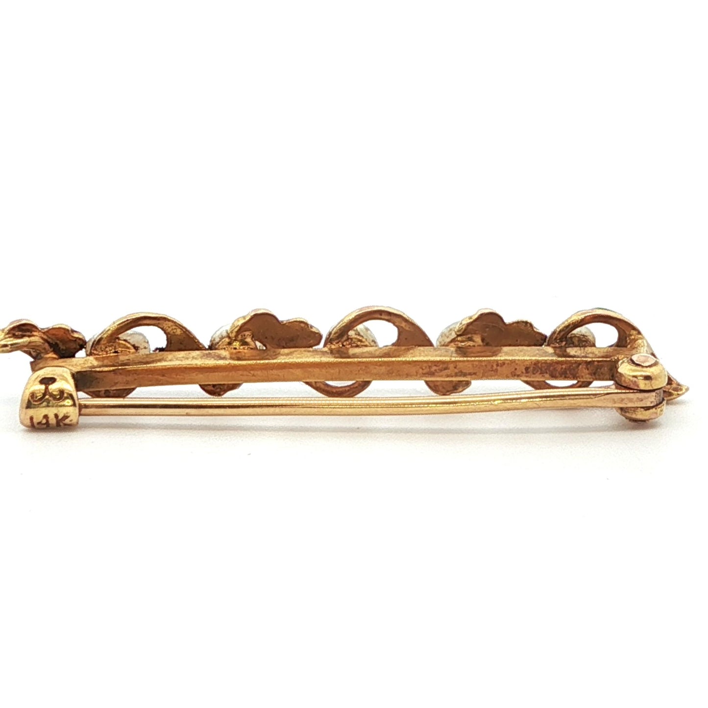 1890 Art Nouveau 14k Yellow Gold Pearl & Enamel Flower Brooch