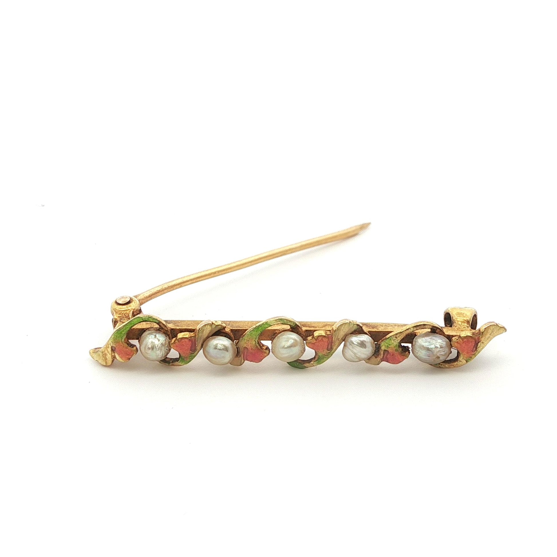 1890 Art Nouveau 14k Yellow Gold Pearl & Enamel Flower Brooch