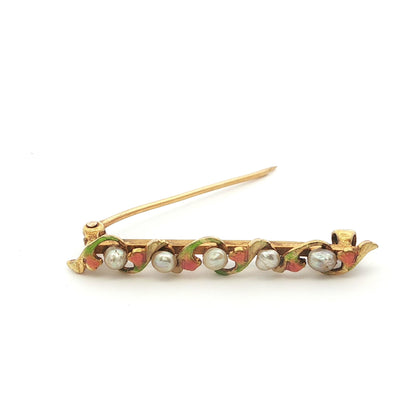 1890 Art Nouveau 14k Yellow Gold Pearl & Enamel Flower Brooch