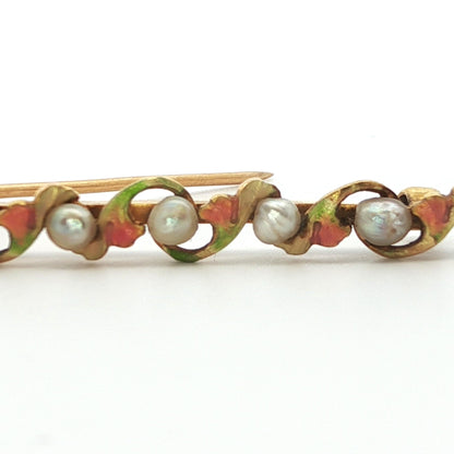 1890 Art Nouveau 14k Yellow Gold Pearl & Enamel Flower Brooch