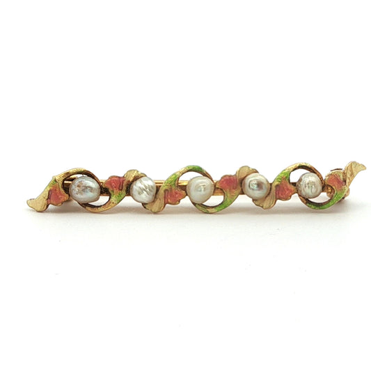 1890 Art Nouveau 14k Yellow Gold Pearl & Enamel Flower Brooch