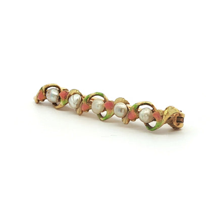 1890 Art Nouveau 14k Yellow Gold Pearl & Enamel Flower Brooch