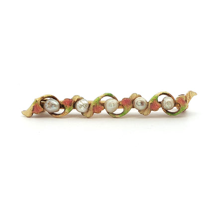 1890 Art Nouveau 14k Yellow Gold Pearl & Enamel Flower Brooch