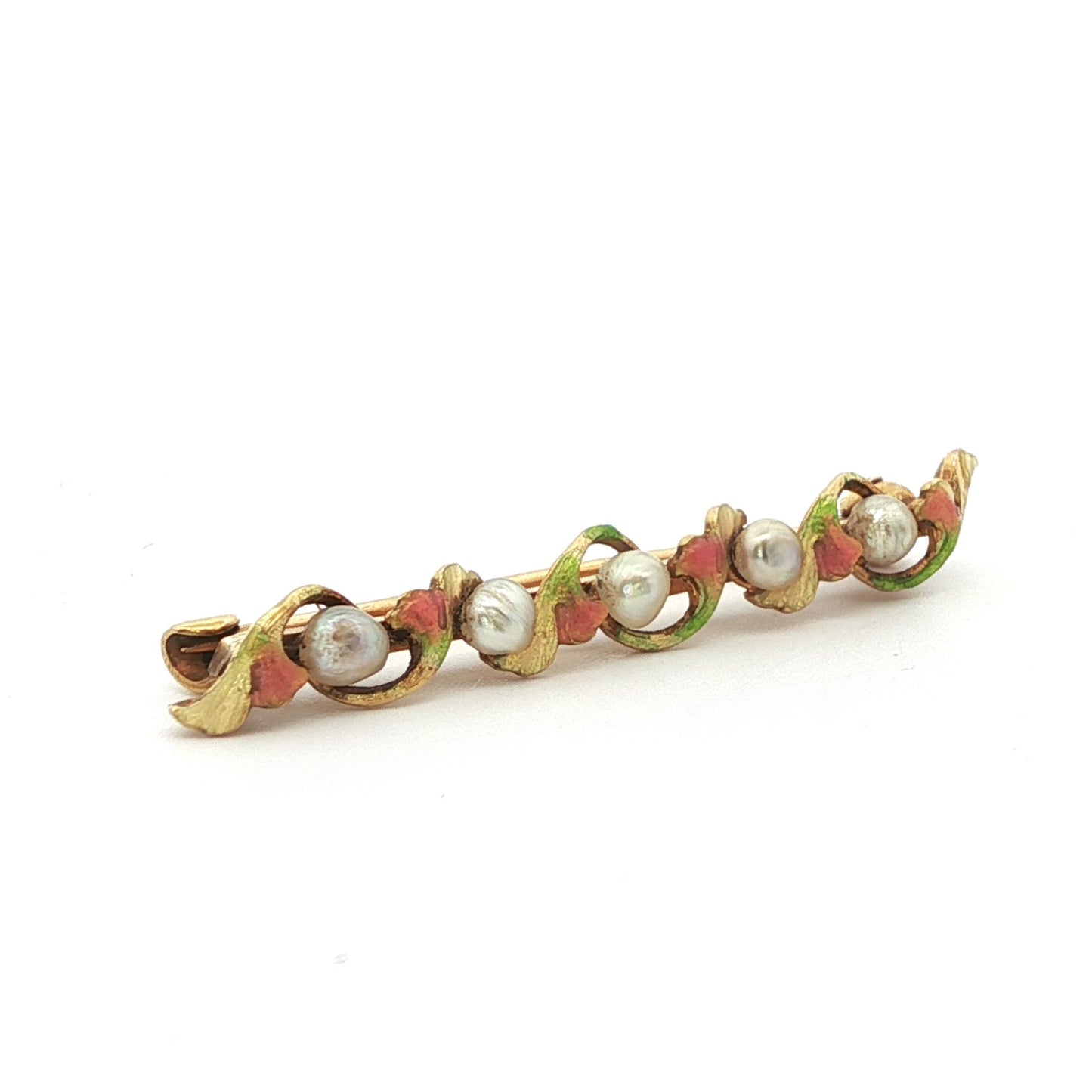 1890 Art Nouveau 14k Yellow Gold Pearl & Enamel Flower Brooch