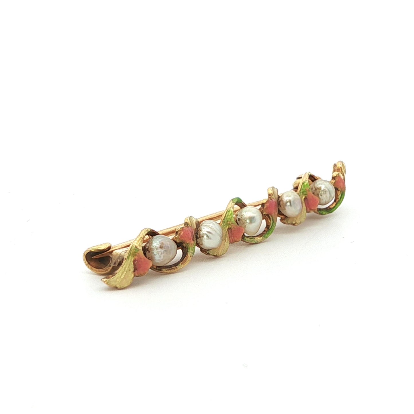 1890 Art Nouveau 14k Yellow Gold Pearl & Enamel Flower Brooch