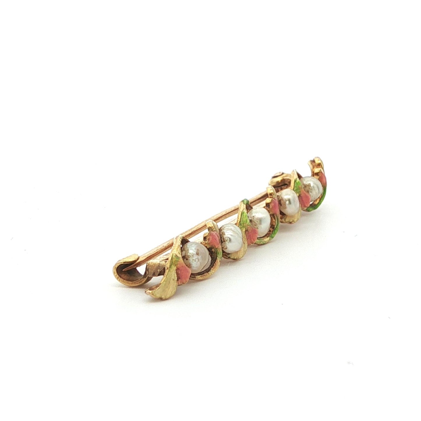1890 Art Nouveau 14k Yellow Gold Pearl & Enamel Flower Brooch