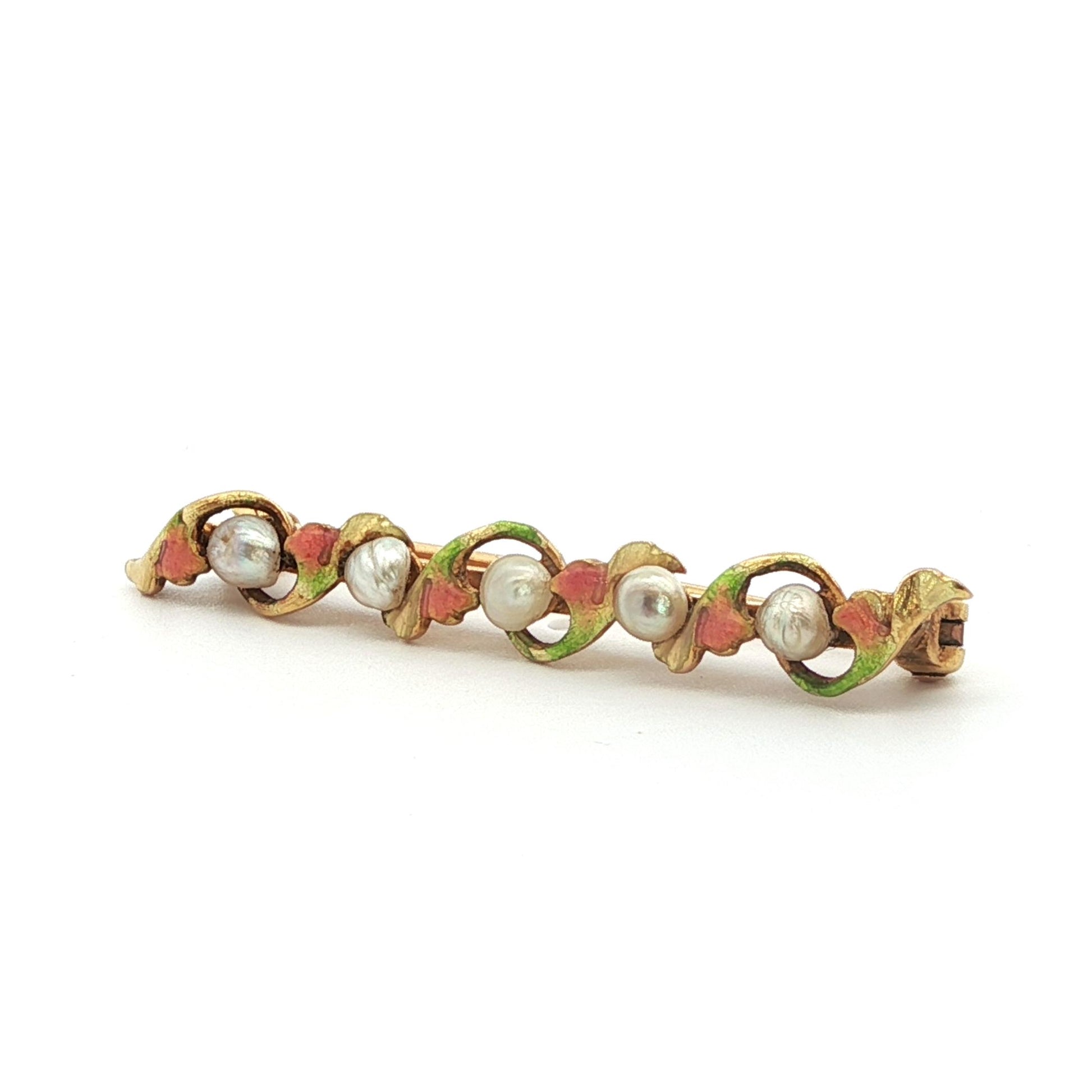 1890 Art Nouveau 14k Yellow Gold Pearl & Enamel Flower Brooch