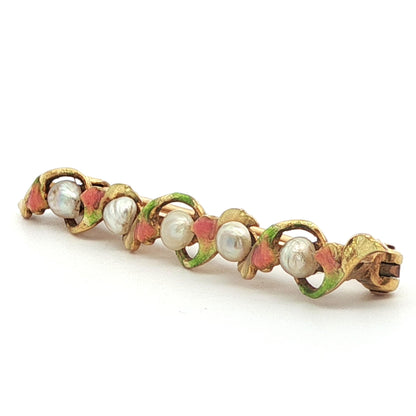 1890 Art Nouveau 14k Yellow Gold Pearl & Enamel Flower Brooch