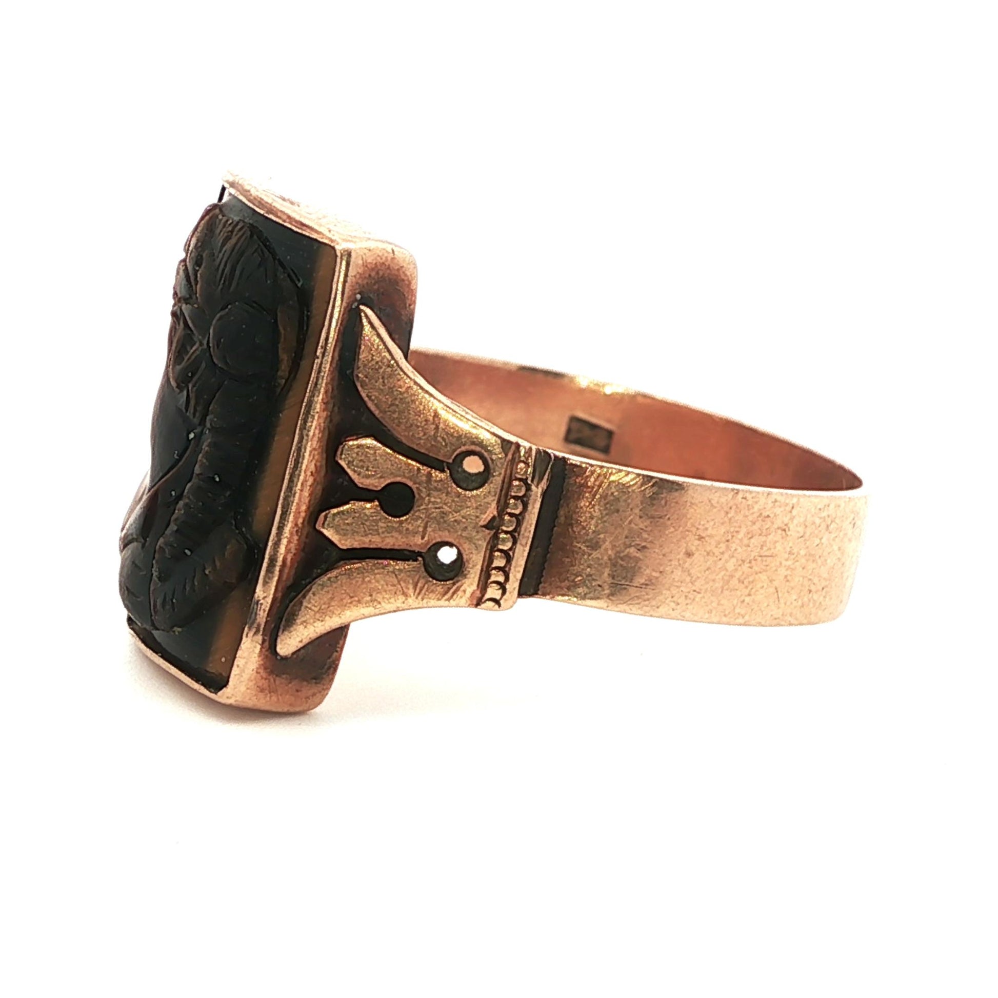 Victorian 12k Yellow gold Carved Tigers Eye Ring