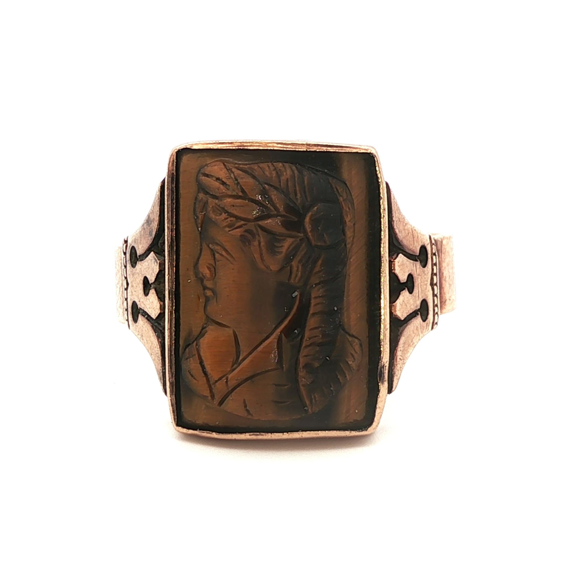Victorian 12k Yellow gold Carved Tigers Eye Ring