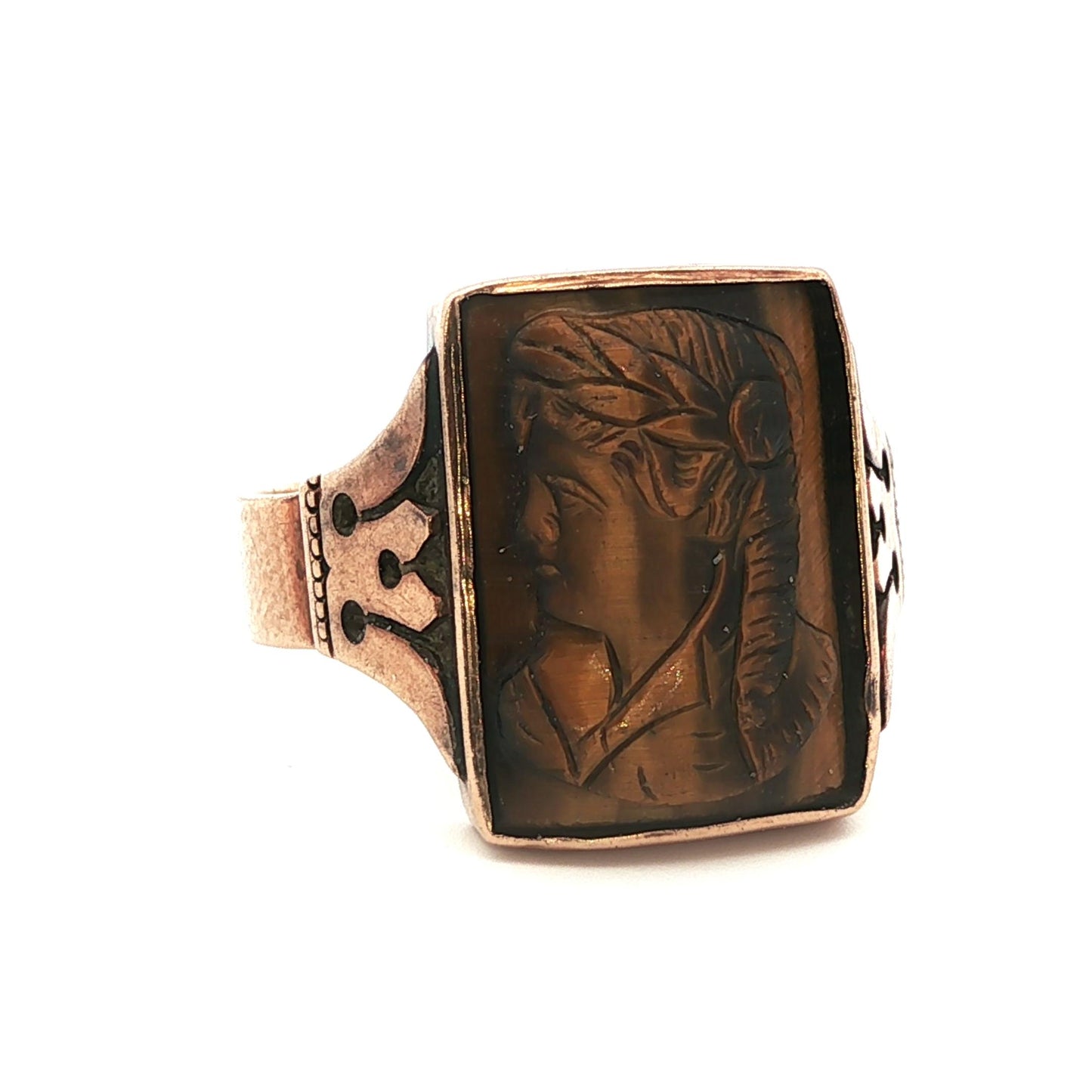 Victorian 12k Yellow gold Carved Tigers Eye Ring