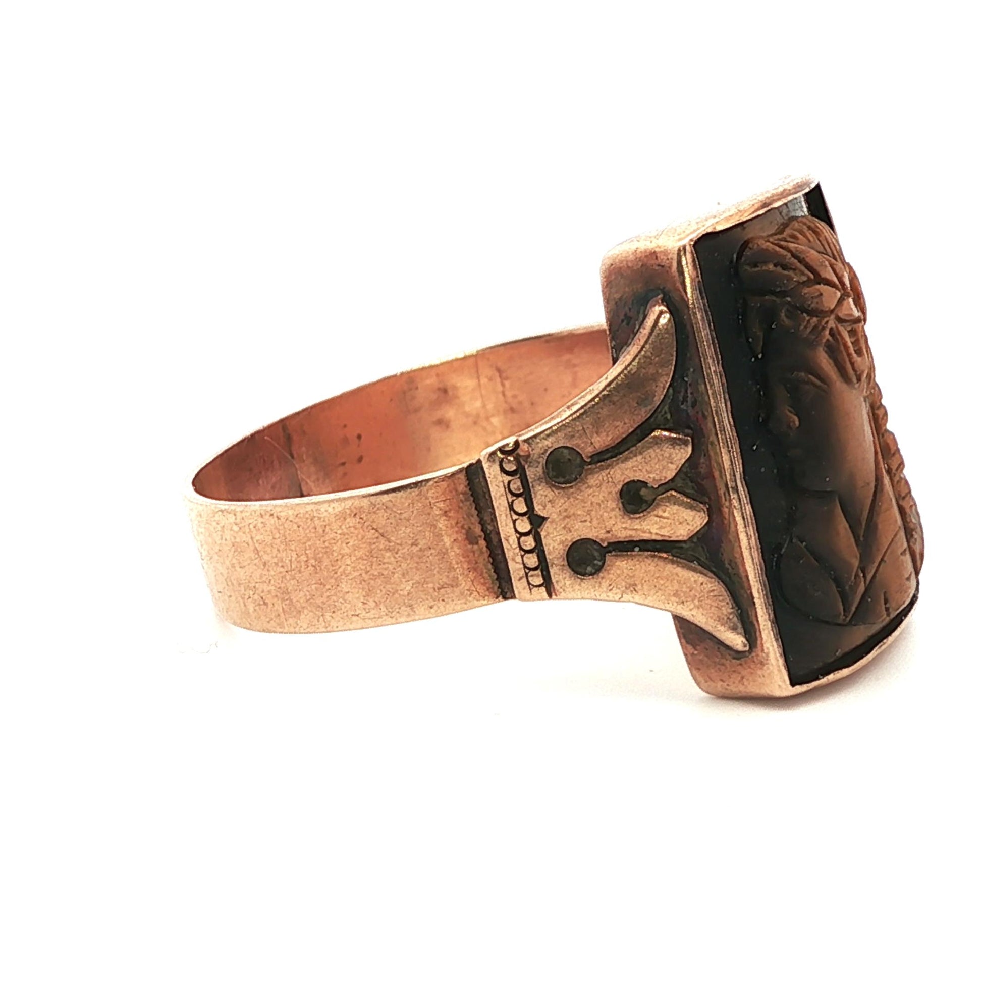 Victorian 12k Yellow gold Carved Tigers Eye Ring
