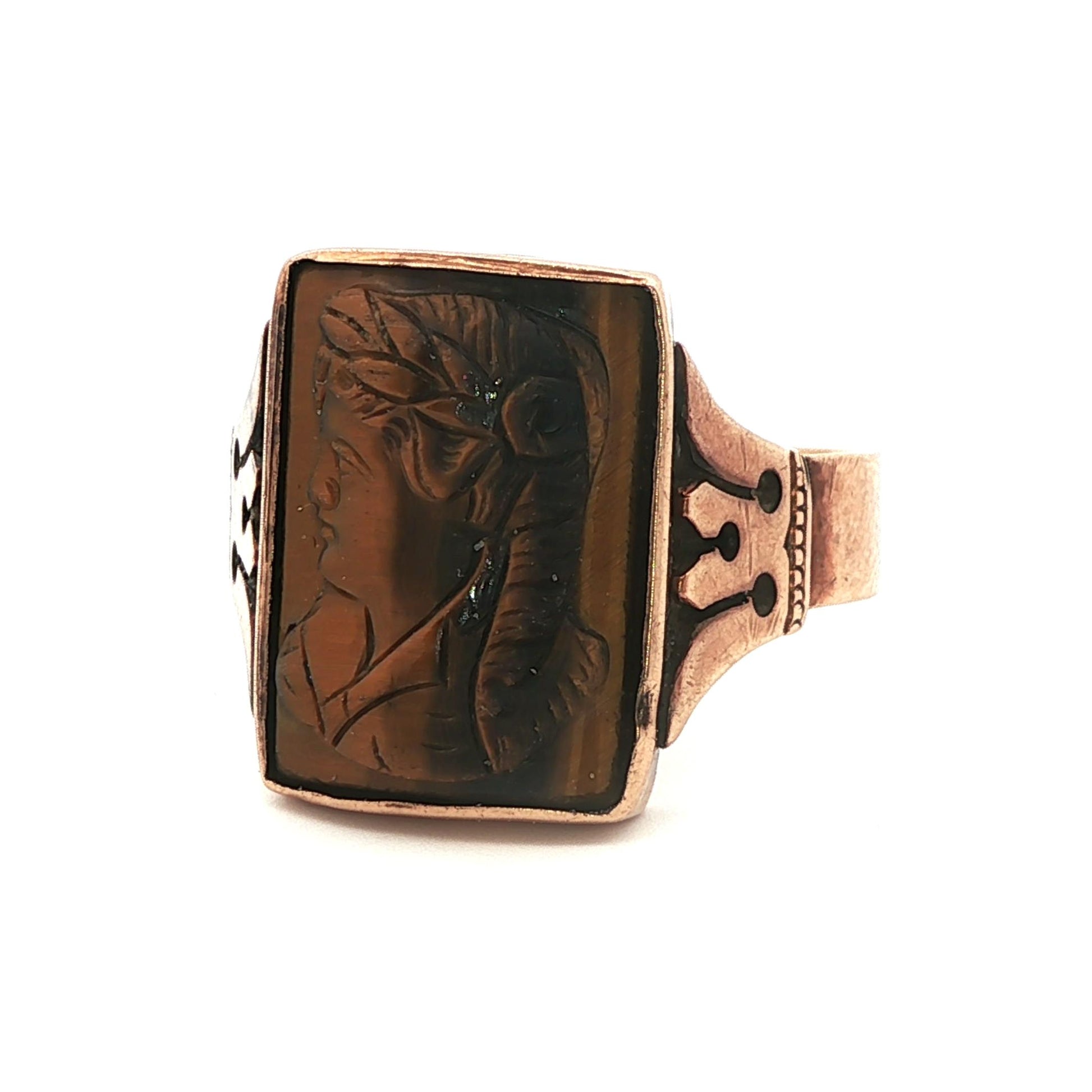 Victorian 12k Yellow gold Carved Tigers Eye Ring
