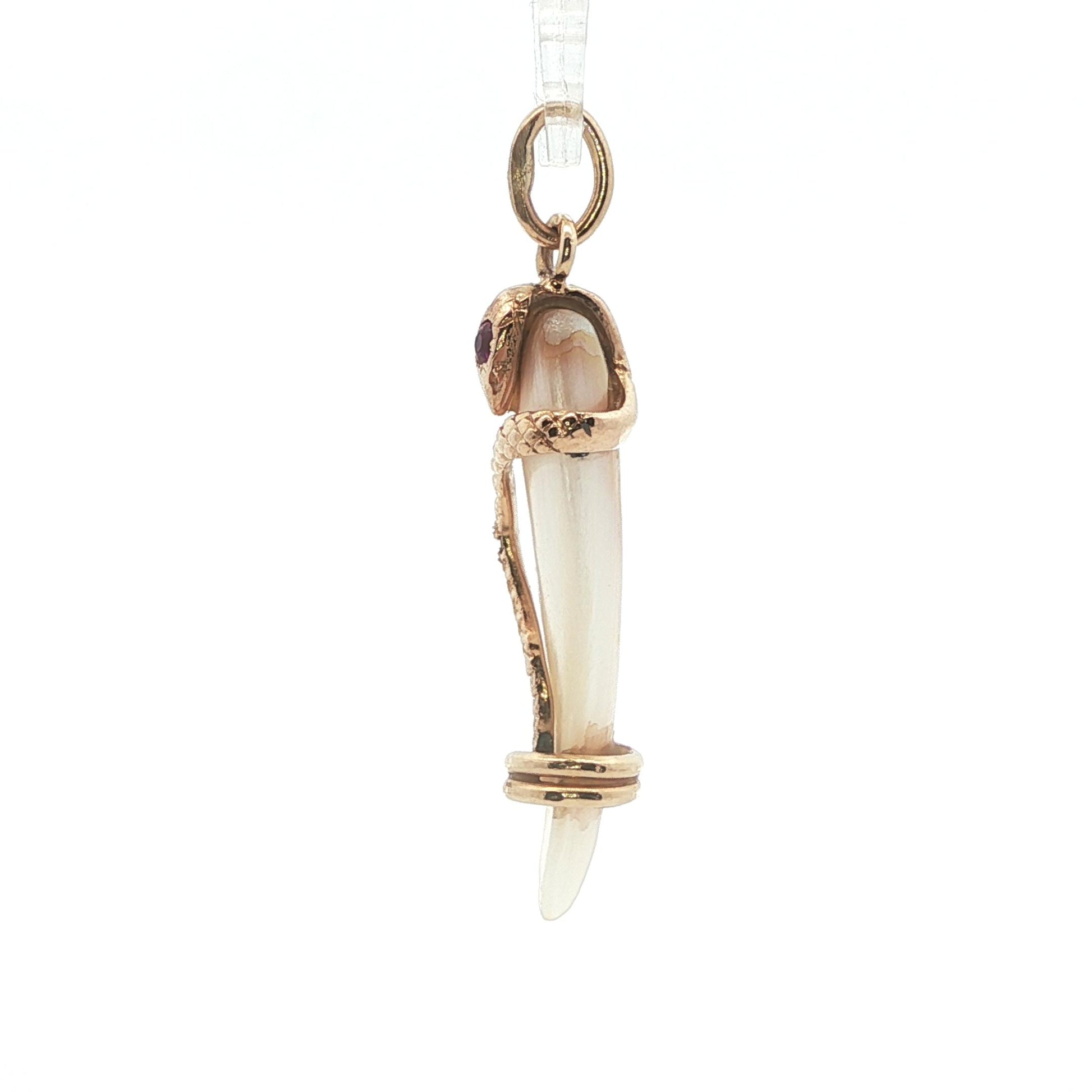 1890 Victorian Mother of Pearl 14k Yellow Gold Snake Pendant w/ Diamond + Ruby