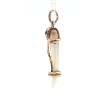 1890 Victorian Mother of Pearl 14k Yellow Gold Snake Pendant w/ Diamond + Ruby