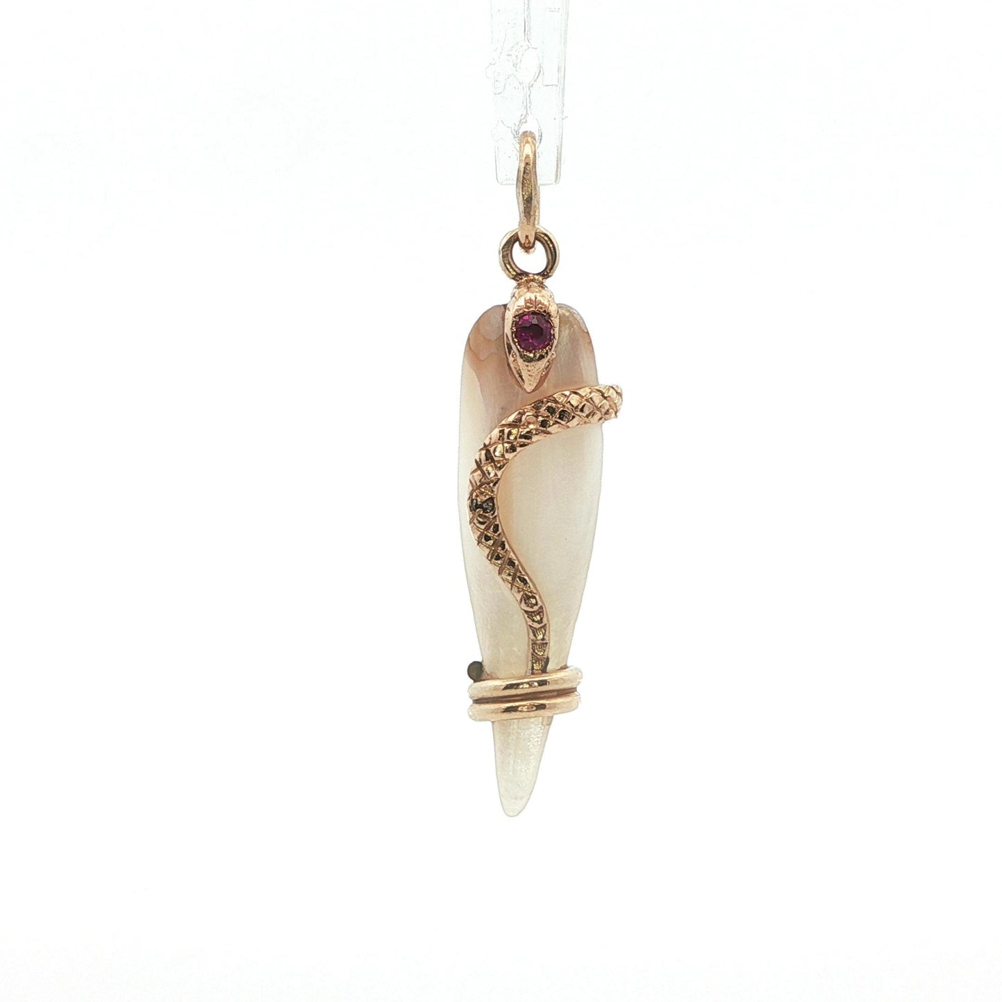 1890 Victorian Mother of Pearl 14k Yellow Gold Snake Pendant w/ Diamond + Ruby