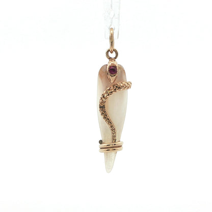1890 Victorian Mother of Pearl 14k Yellow Gold Snake Pendant w/ Diamond + Ruby