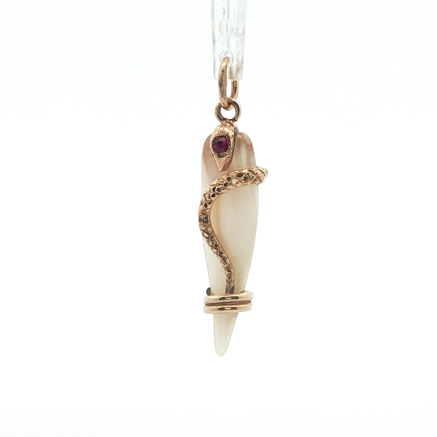 1890 Victorian Mother of Pearl 14k Yellow Gold Snake Pendant w/ Diamond + Ruby