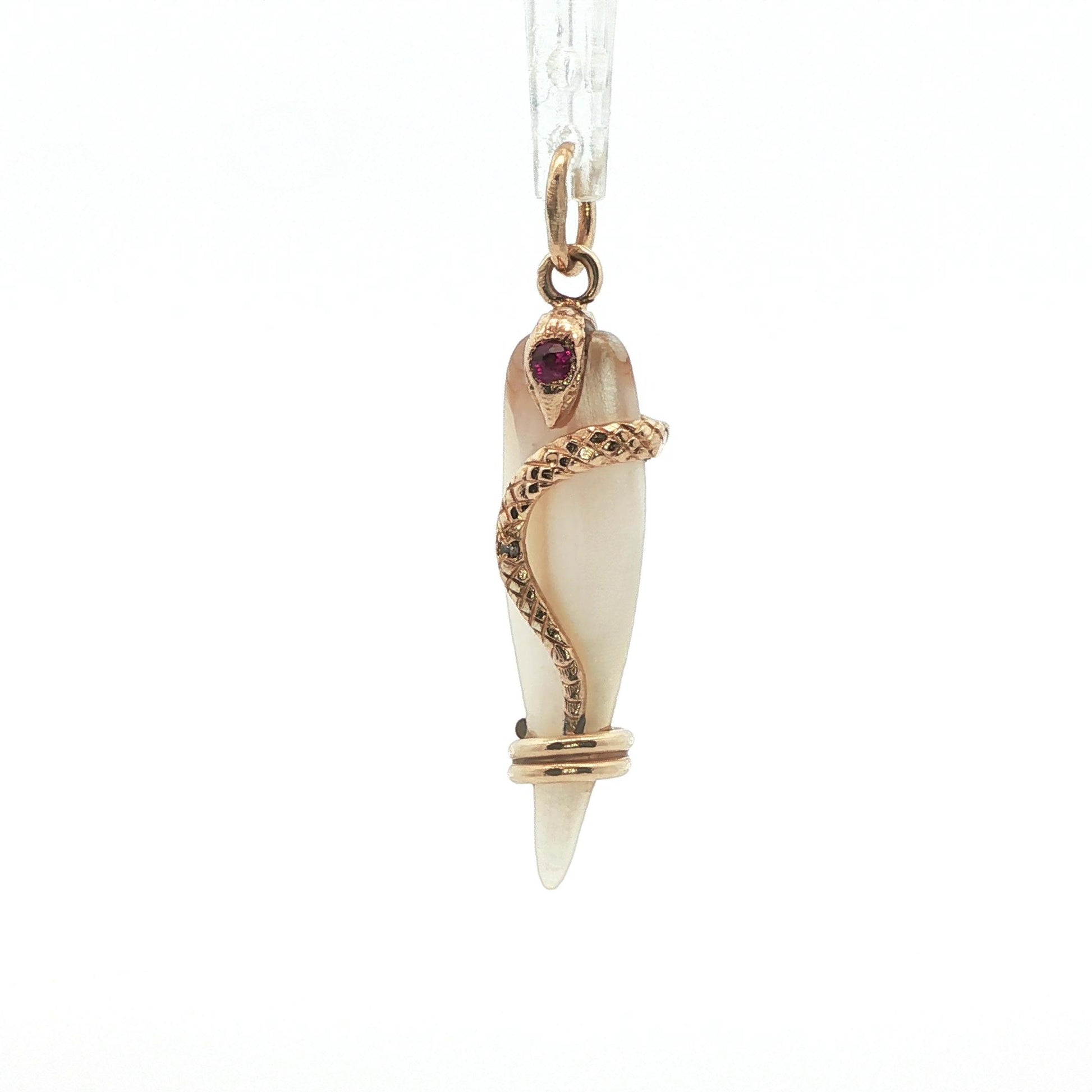 1890 Victorian Mother of Pearl 14k Yellow Gold Snake Pendant w/ Diamond + Ruby