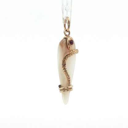 1890 Victorian Mother of Pearl 14k Yellow Gold Snake Pendant w/ Diamond + Ruby