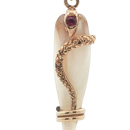 1890 Victorian Mother of Pearl 14k Yellow Gold Snake Pendant w/ Diamond + Ruby