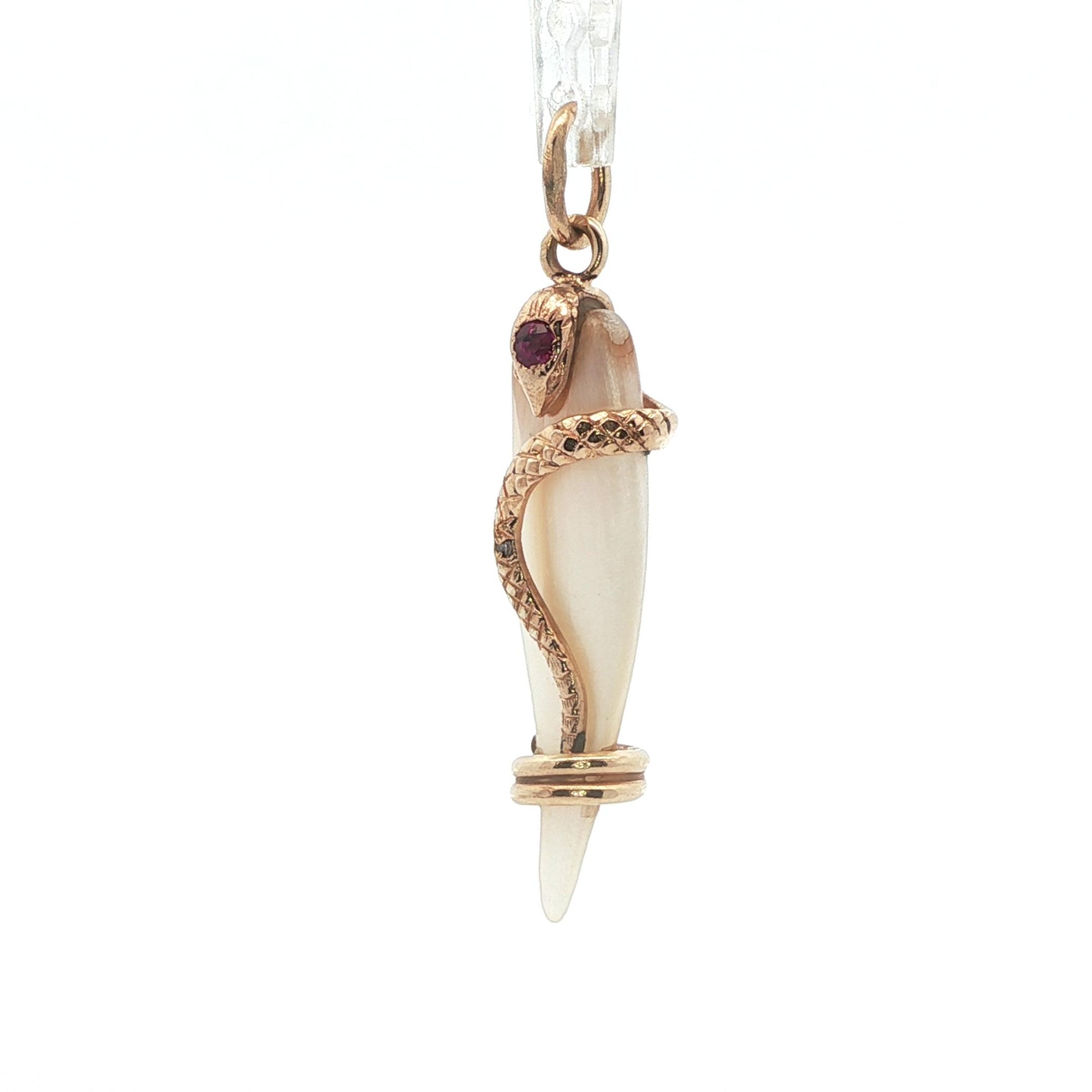 1890 Victorian Mother of Pearl 14k Yellow Gold Snake Pendant w/ Diamond + Ruby