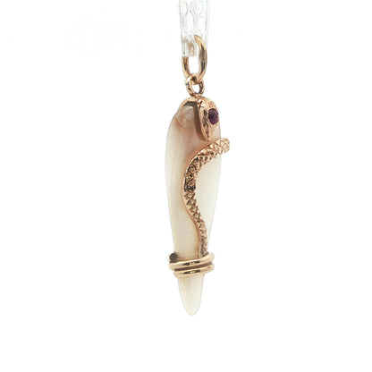 1890 Victorian Mother of Pearl 14k Yellow Gold Snake Pendant w/ Diamond + Ruby