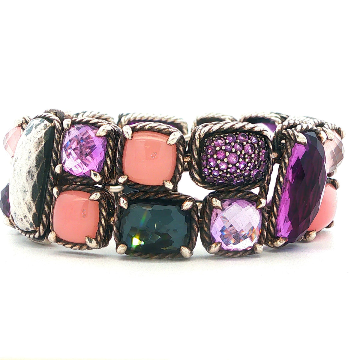 David Yurman Sterling Silver Multistone Mosaic Chatelaine Bracelet Size 7"