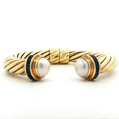David Yurman 14k Yellow Gold Sapphire & Pearl Hinged Bangle