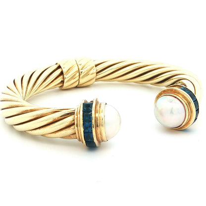 David Yurman 14k Yellow Gold Sapphire & Pearl Hinged Bangle