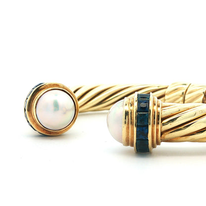 David Yurman 14k Yellow Gold Sapphire & Pearl Hinged Bangle