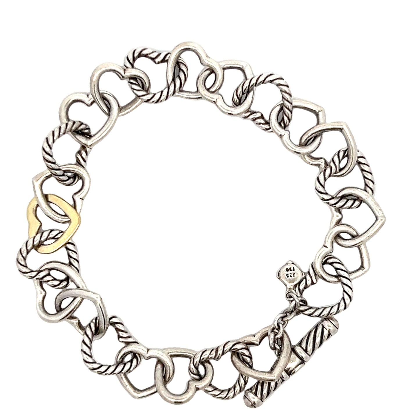 .925 Sterling Silver 750 18K Gold David Yurman Heart Toggle Bracelet 7.5"