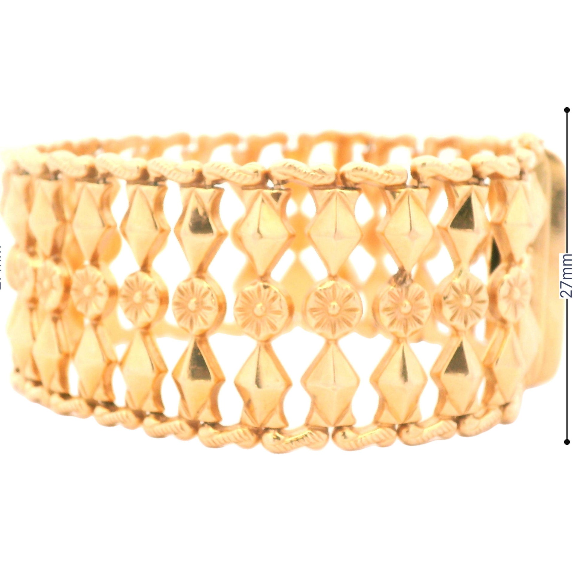 1950s 18k Yellow Gold Italian Fancy Link Bracelet 1 Inch Wide