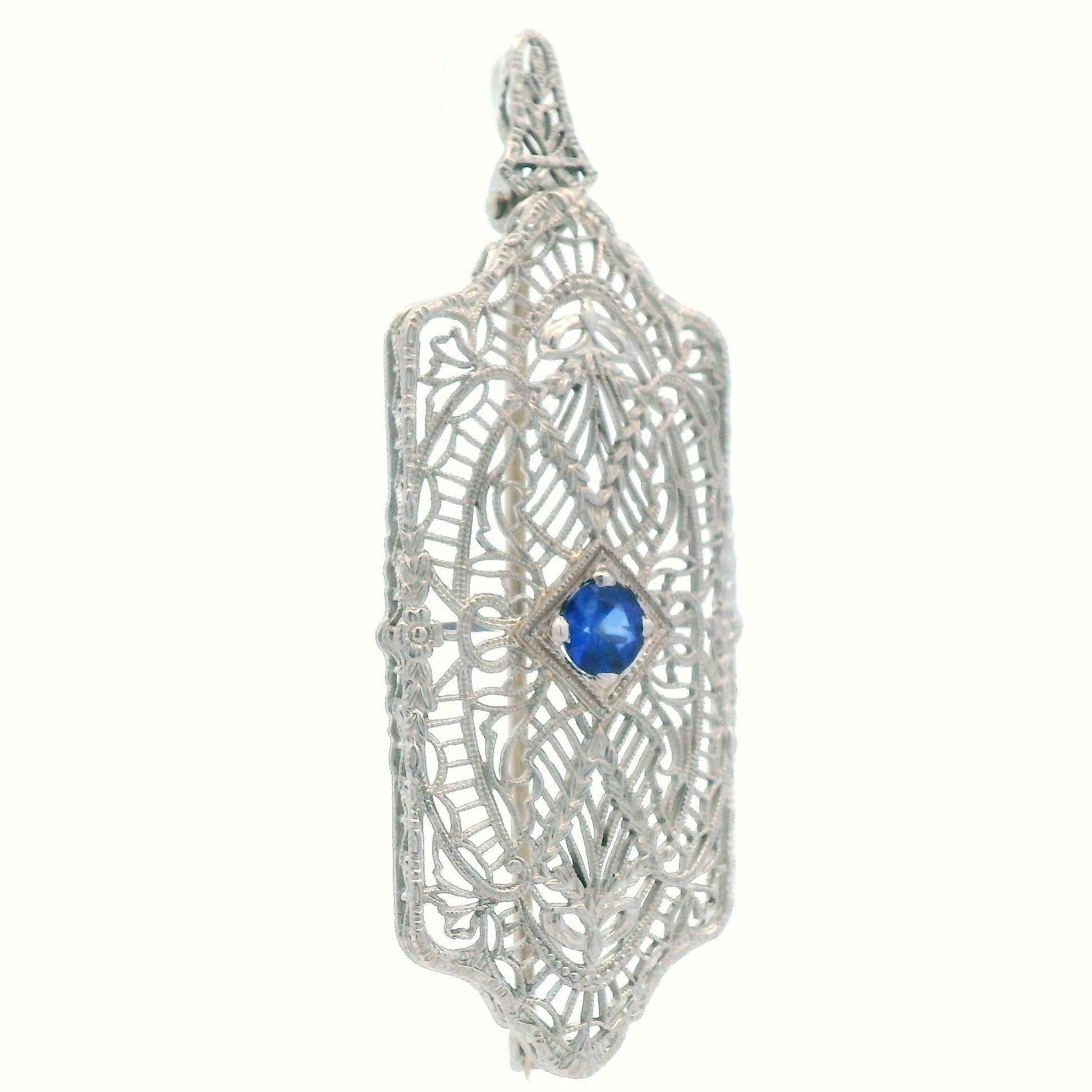1920's Filigree Platinum Over 14K WG Gold Bright Blue Sapphire Pin/Pendant